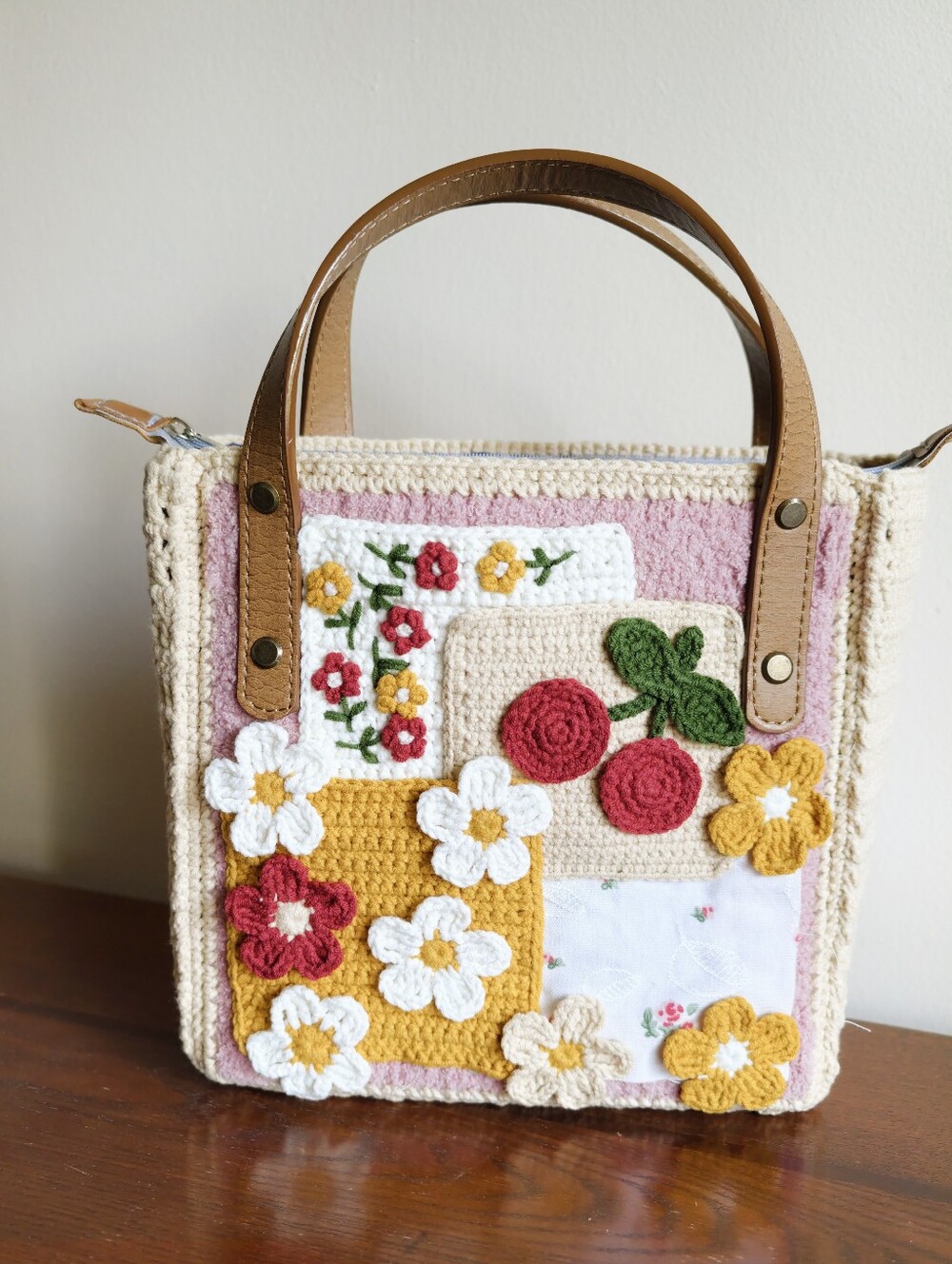 Handmade Crochet Floral Patchwork Tote Bag - Pink, Cream & Mustard